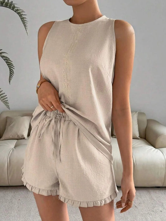 Lace Detail Round Neck Tank and Shorts Set - Velora Luxury Fashion