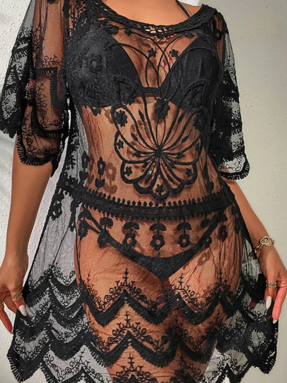 Lace Round Neck Half Sleeve Cover-Up - Velora Luxury Fashion