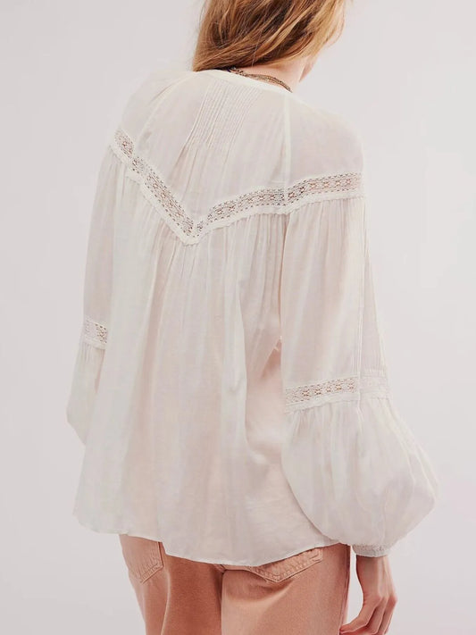 Lace Trim Balloon Sleeve Blouse - Velora Luxury Fashion