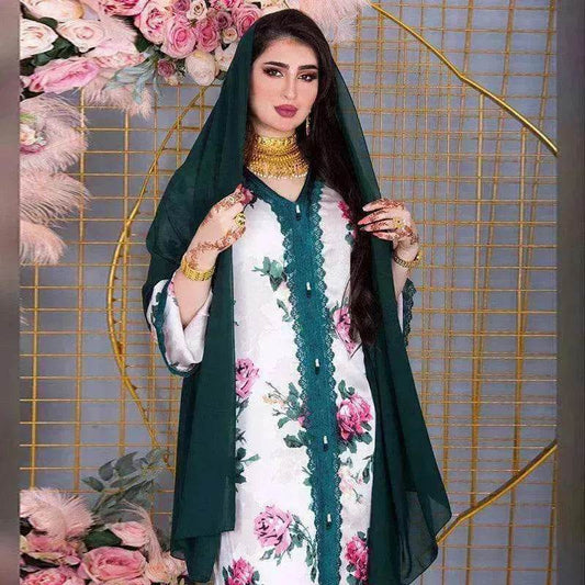 Ladies Middle East Arabian V-Neck Floral Robe - Velora