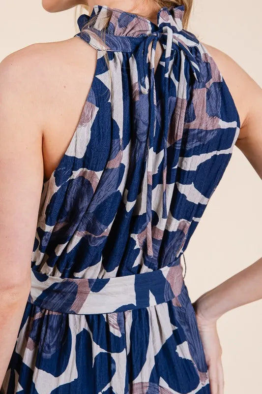 Lime 'N' Chili Abstract Halter Neck Tie-Waist Tiered Maxi Dress - Velora Luxury Fashion