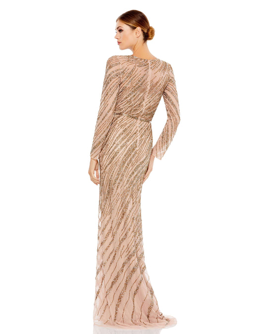 Long Sleeve Beaded Column Gown - Velora Luxury Fashion