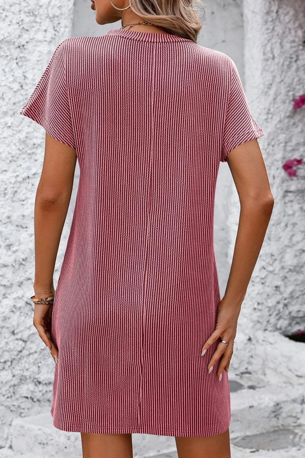 Mandy Ribbed Striped Short Sleeve Mini Tee Dress - Velora Luxury Fashion