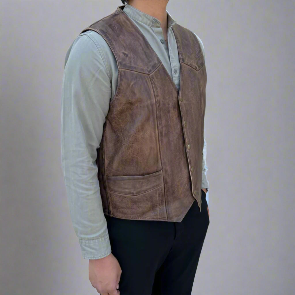 Men's Cow Leather Vest. Classic Style with Snap Closure & Front Pockets - Velora Luxury Fashion