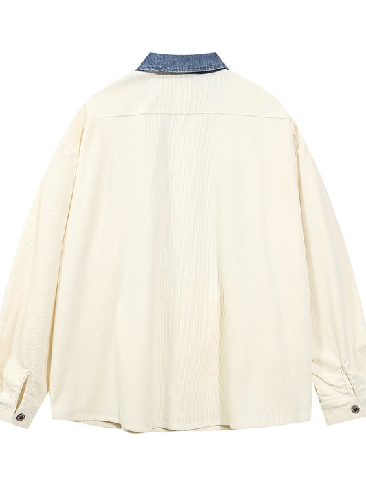 Men's Embroidered Denim Collared Corduroy Long-Sleeved Shirt - Velora Luxury Fashion