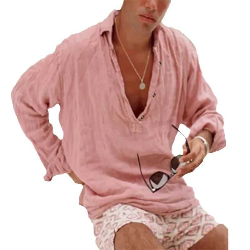 Men's Full Size Casual Linen Long Sleeve Top Plus Size - Velora Luxury Fashion
