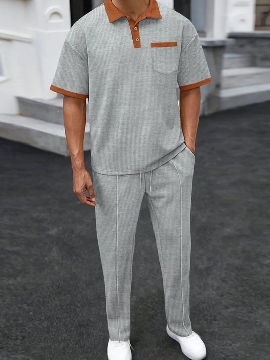 Men's Full Size Waffle-Knit Contrast Polo and Pants Set Plus Size - Velora Luxury Fashion