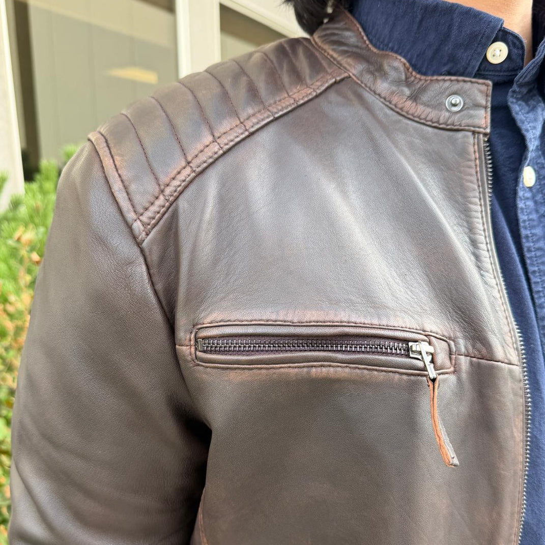 Men's Lamb Leather Jacket. Brown Vintage Style with Zip Pockets - Velora Luxury Fashion