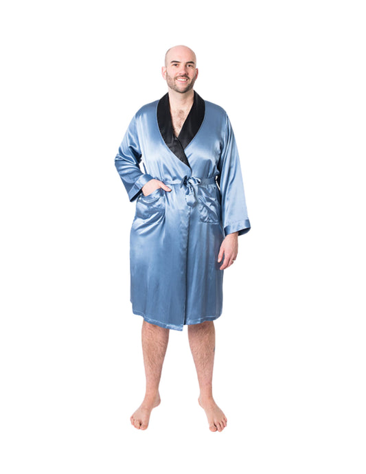 Men's Mulberry Silk Robe Twilight Blue with Black Collar - Velora Luxury Fashion