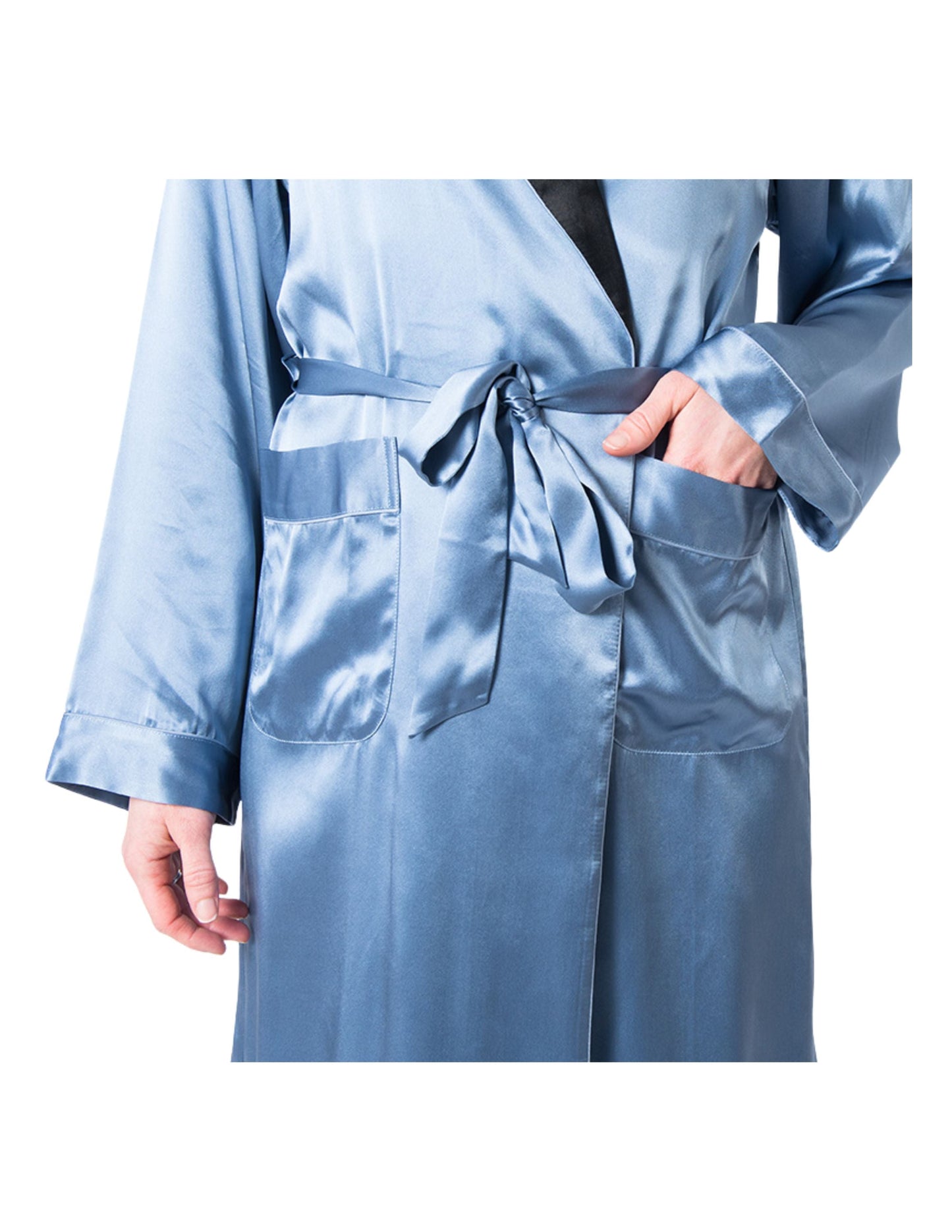 Men's Mulberry Silk Robe Twilight Blue with Black Collar - Velora Luxury Fashion