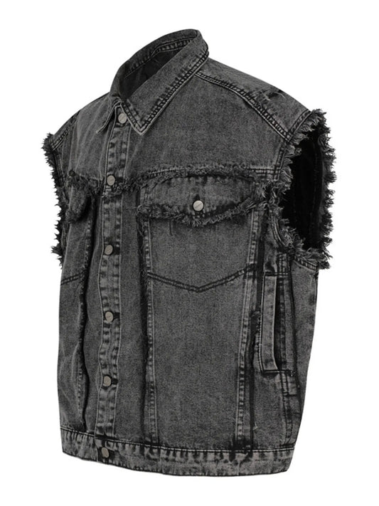 Men's Raw Hem Button Up Sleeveless Denim Jacket - Velora Luxury Fashion