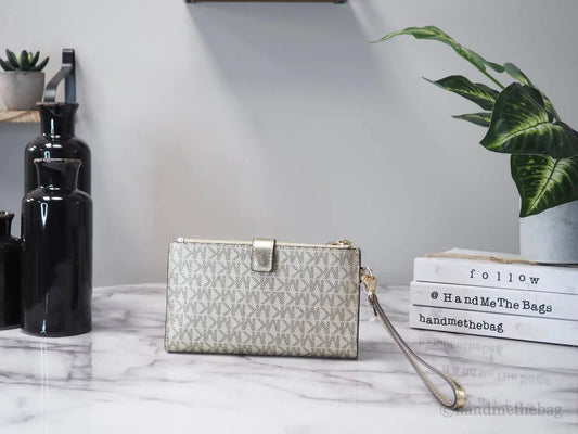 Michael Kors Jet Set Travel Pale Gold PVC Leather Large Double Zip Wrist Wallet - Velora Luxury Fashion