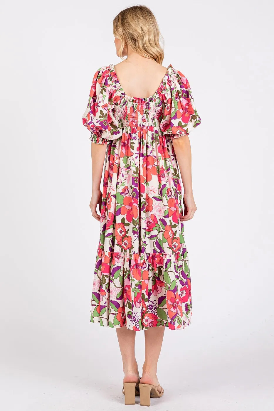 Mittoshop Flower Print Puff Sleeve Ruffle Smocked Midi Dress - Velora Luxury Fashion