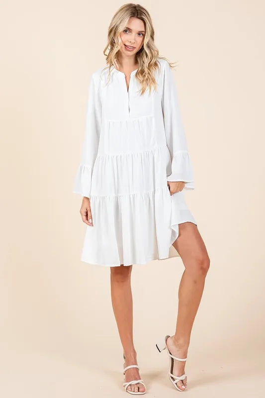 Mittoshop Tiered Notched Flare Sleeve Dress - Velora Luxury Fashion