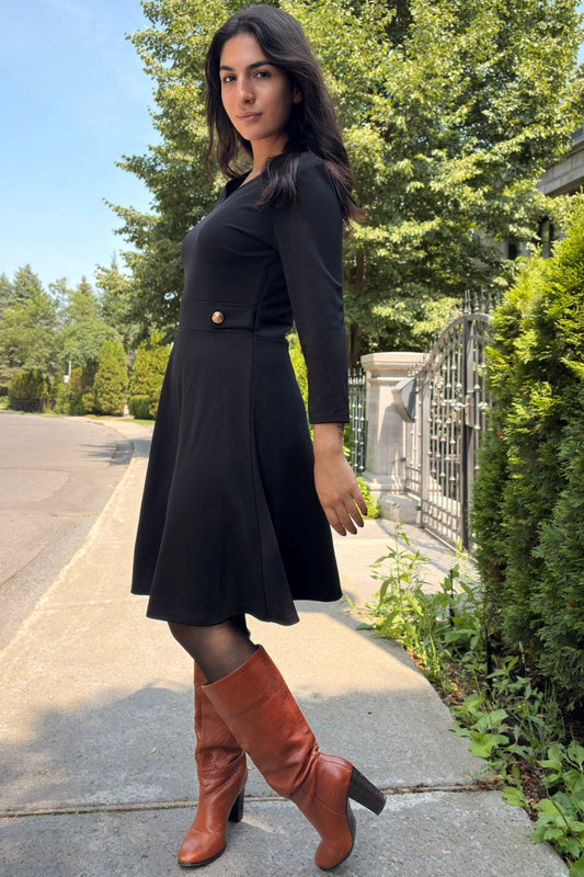 Nathalie A-Line Dress with Gold Button Detail - Velora Luxury Fashion