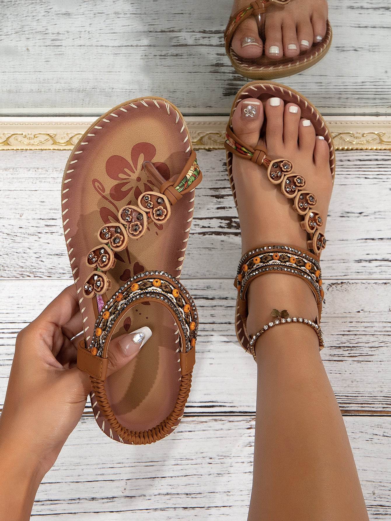 Bohemian Thong Sandals Summer Fashion Flowers Flat Beach Shoes For Women - Velora