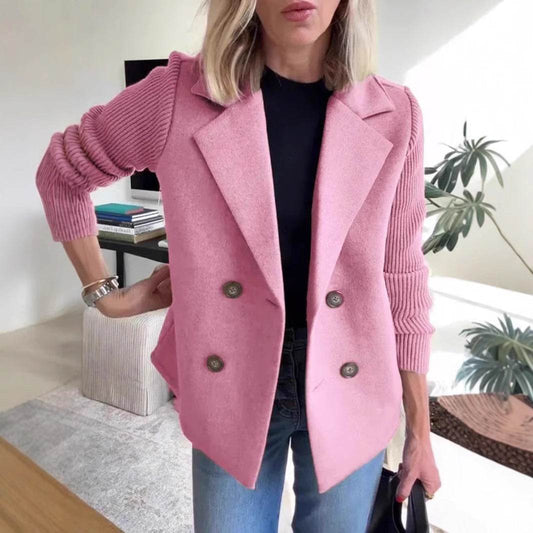 Double Breasted Lapel Jacket Fashion Knitted Sleeves Splicing Design Coat Outerwear Women's Clothing - Velora