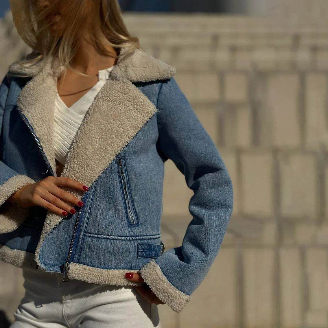 Fleece-lined Denim Coat Short Jacket Design Fashion Women - Velora
