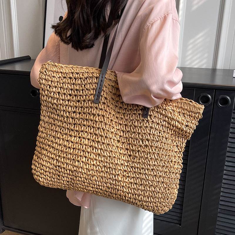 Summer Woven Shoulder Bag Ins Fashion Large Capacity Handbags With Zipper Women's Beach Bags - Velora