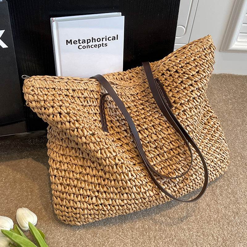 Summer Woven Shoulder Bag Ins Fashion Large Capacity Handbags With Zipper Women's Beach Bags - Velora