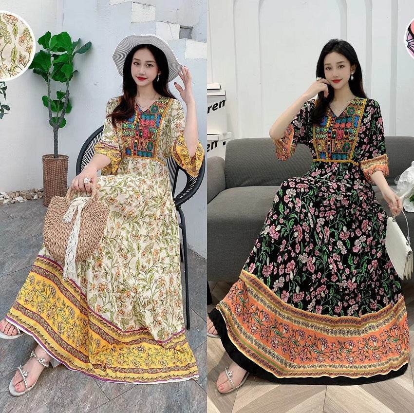 V-neck Embroidery Bell Sleeve Waist Trimming Casual Dress - Velora