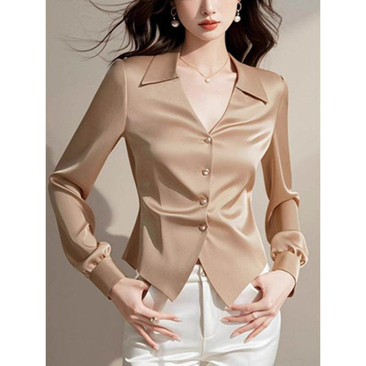 V-neck Long Sleeve Waist Trimming Shirt Women - Velora