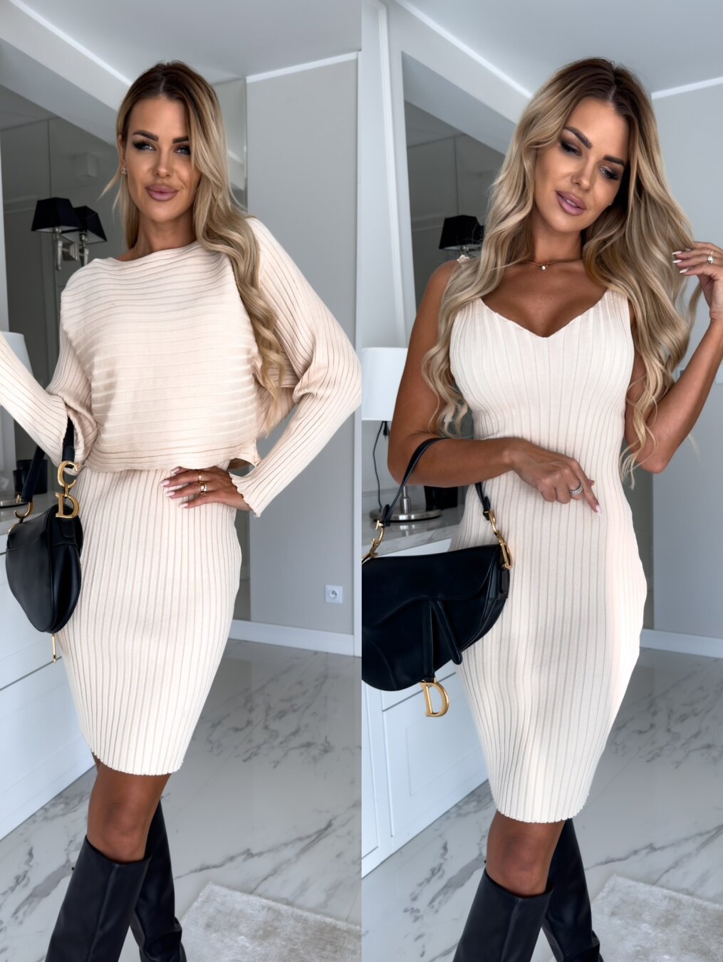 2pcs Suit Women's Solid Stripe Long-sleeved Top And Tight Suspender Skirt Fashion Autumn Winter Slim Clothing https://like2b-uy