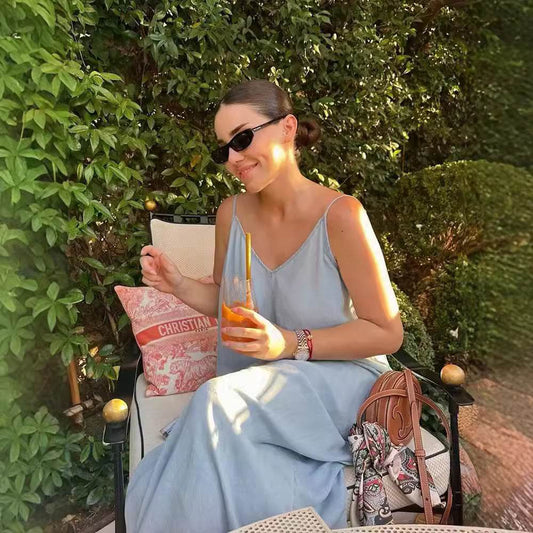 Elegant Womenβs Summer Maxi Dress Casual Spaghetti Straps Solid V-Neck Cami Backless Dresses - Velora