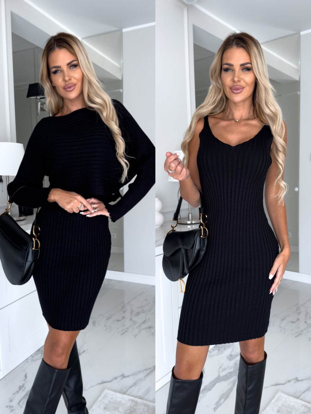 2pcs Suit Women's Solid Stripe Long-sleeved Top And Tight Suspender Skirt Fashion Autumn Winter Slim Clothing https://like2b-uy