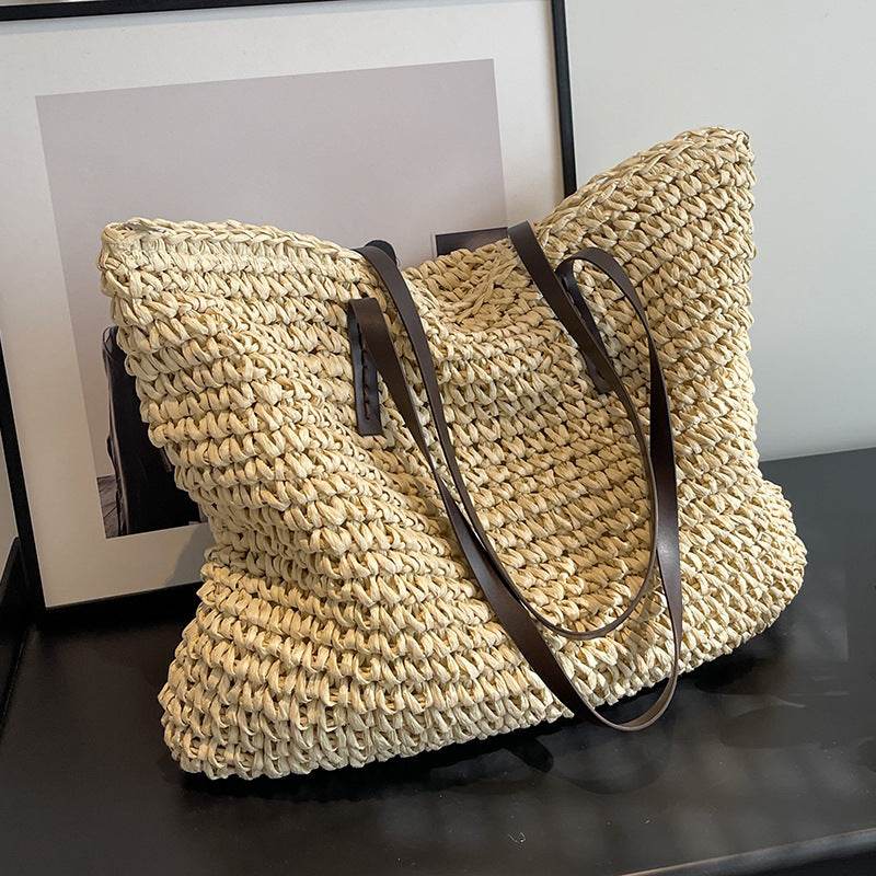 Summer Woven Shoulder Bag Ins Fashion Large Capacity Handbags With Zipper Women's Beach Bags - Velora