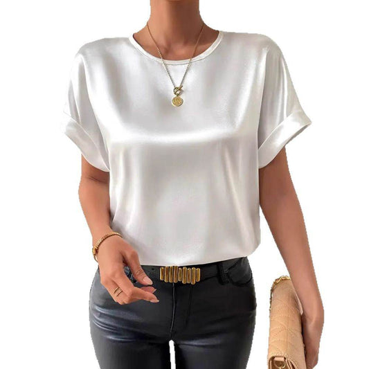Elegant Solid Color Round Neck Short Sleeves Top T-shirt - Velora