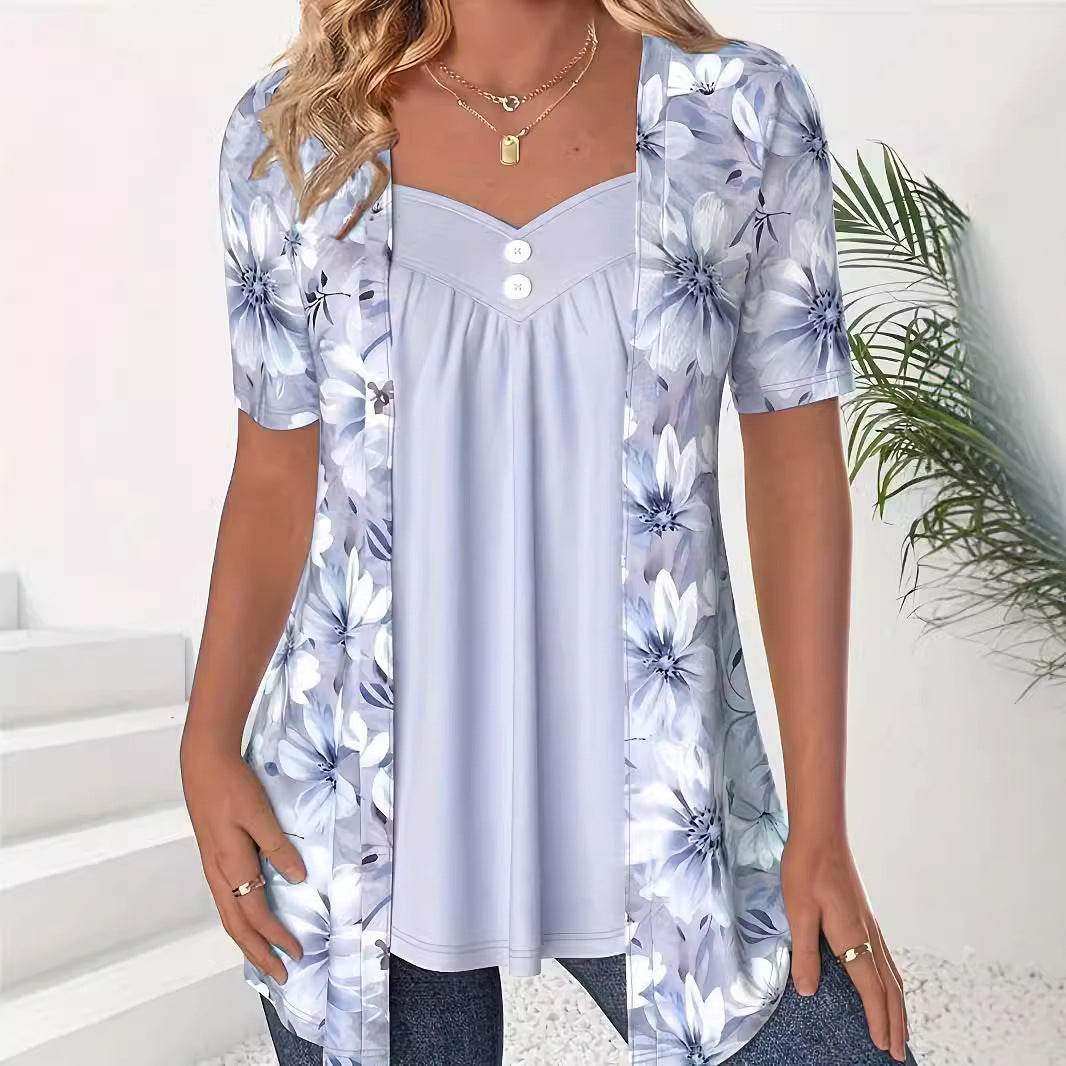 Fake Two Pieces Short Sleeve Printed Fashion Button Top - Velora
