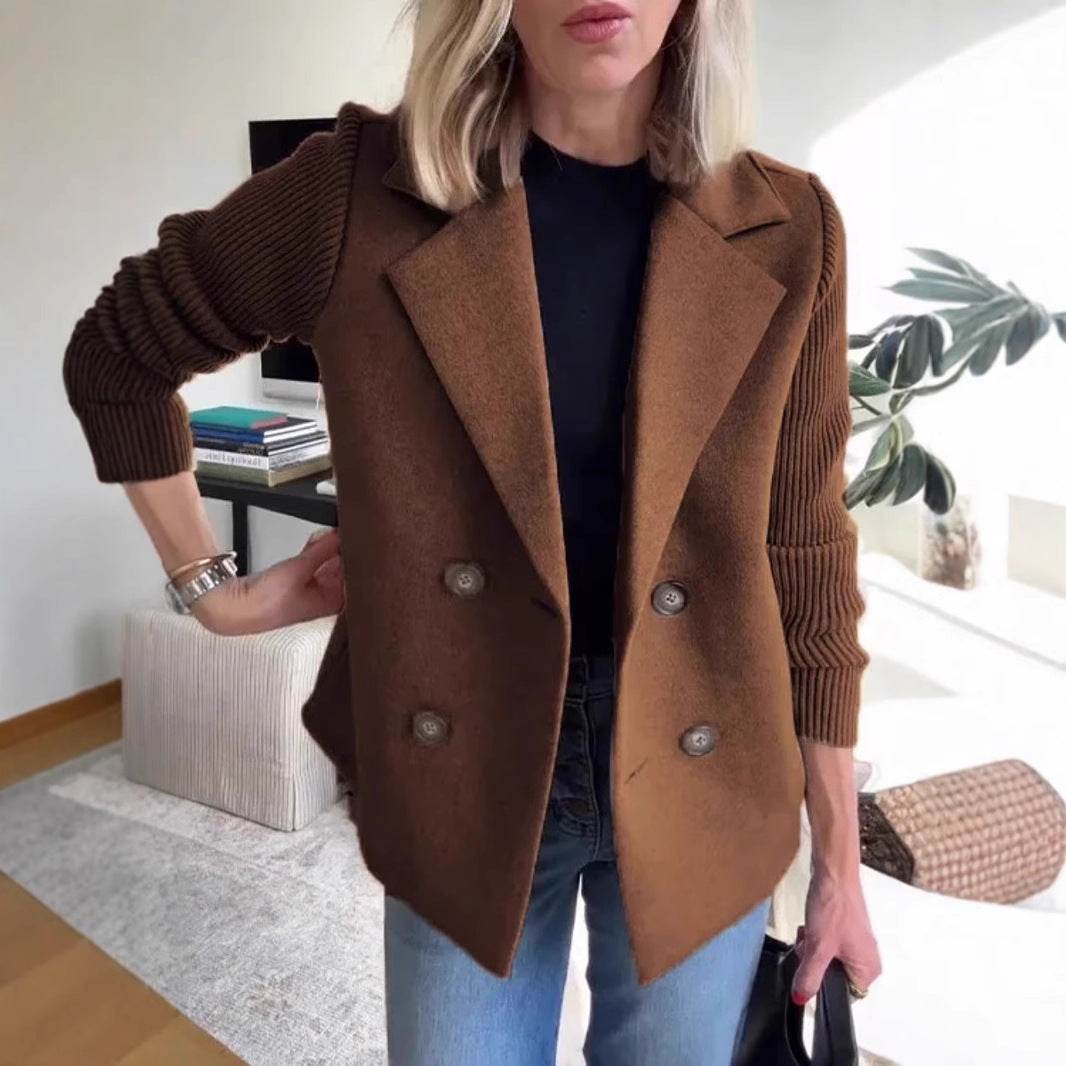 Double Breasted Lapel Jacket Fashion Knitted Sleeves Splicing Design Coat Outerwear Women's Clothing - Velora
