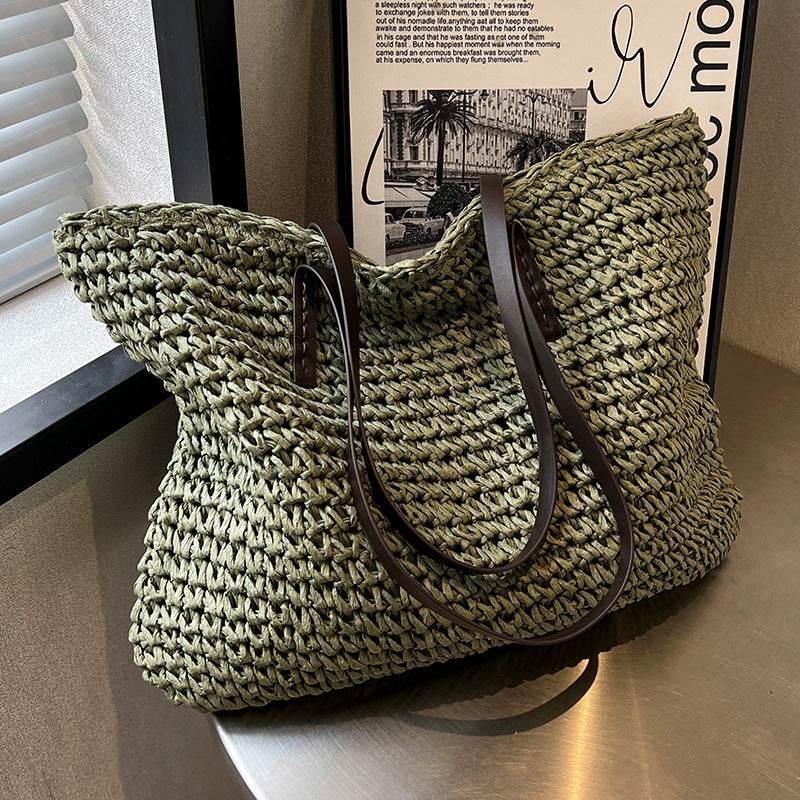 Summer Woven Shoulder Bag Ins Fashion Large Capacity Handbags With Zipper Women's Beach Bags - Velora