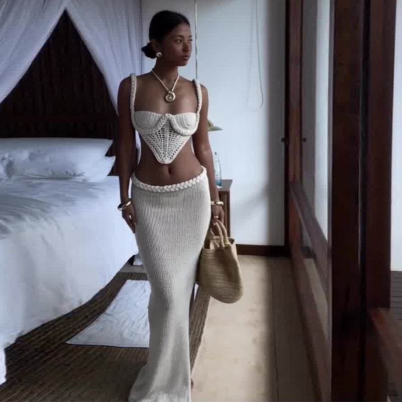 Y2K Crochet Knit 2 Piece Skirt Set Women's Square Collar Camisole Hip Skirt Hollow Out Strapless Tube Top Low Waist Bodycon Maxi Skirts Outfit - Velora