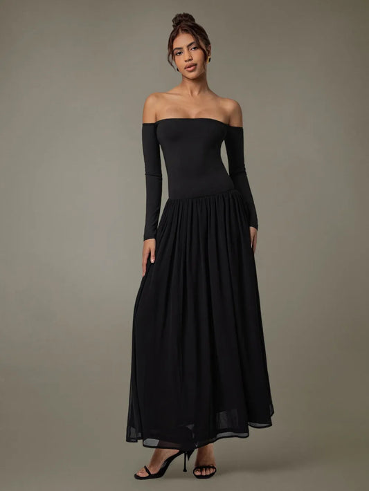 Off Shoulder Long Sleeve Maxi Dress - Velora Luxury Fashion