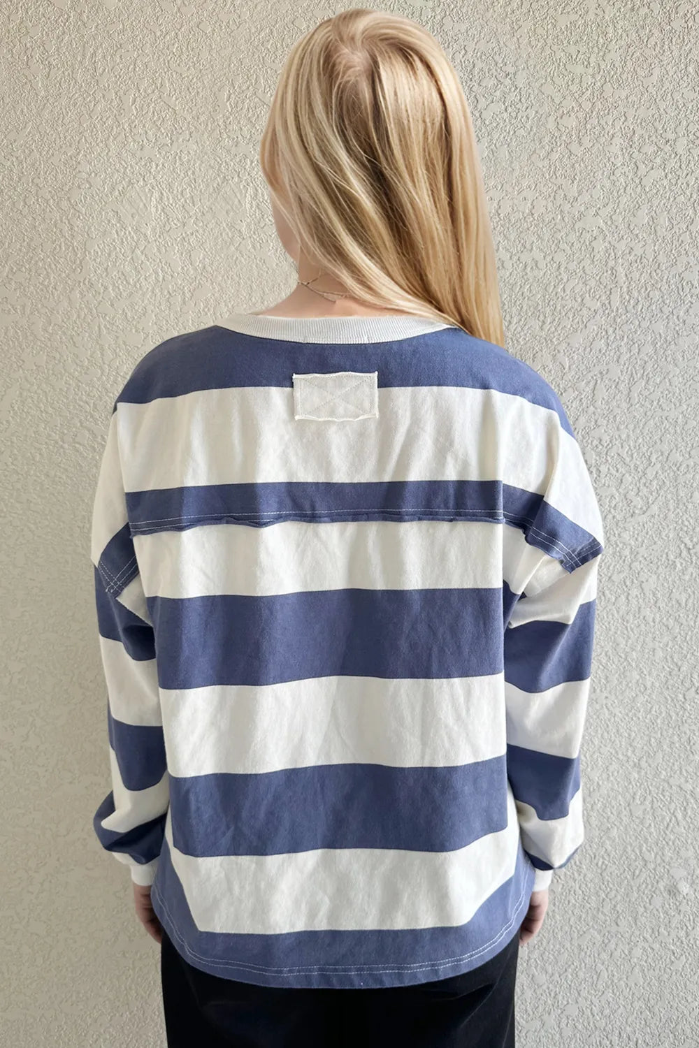 Oh Pima Cotton Wash Exposed Seam Contrast Striped Round Neck Long Sleeve T-Shirt - Velora Luxury Fashion