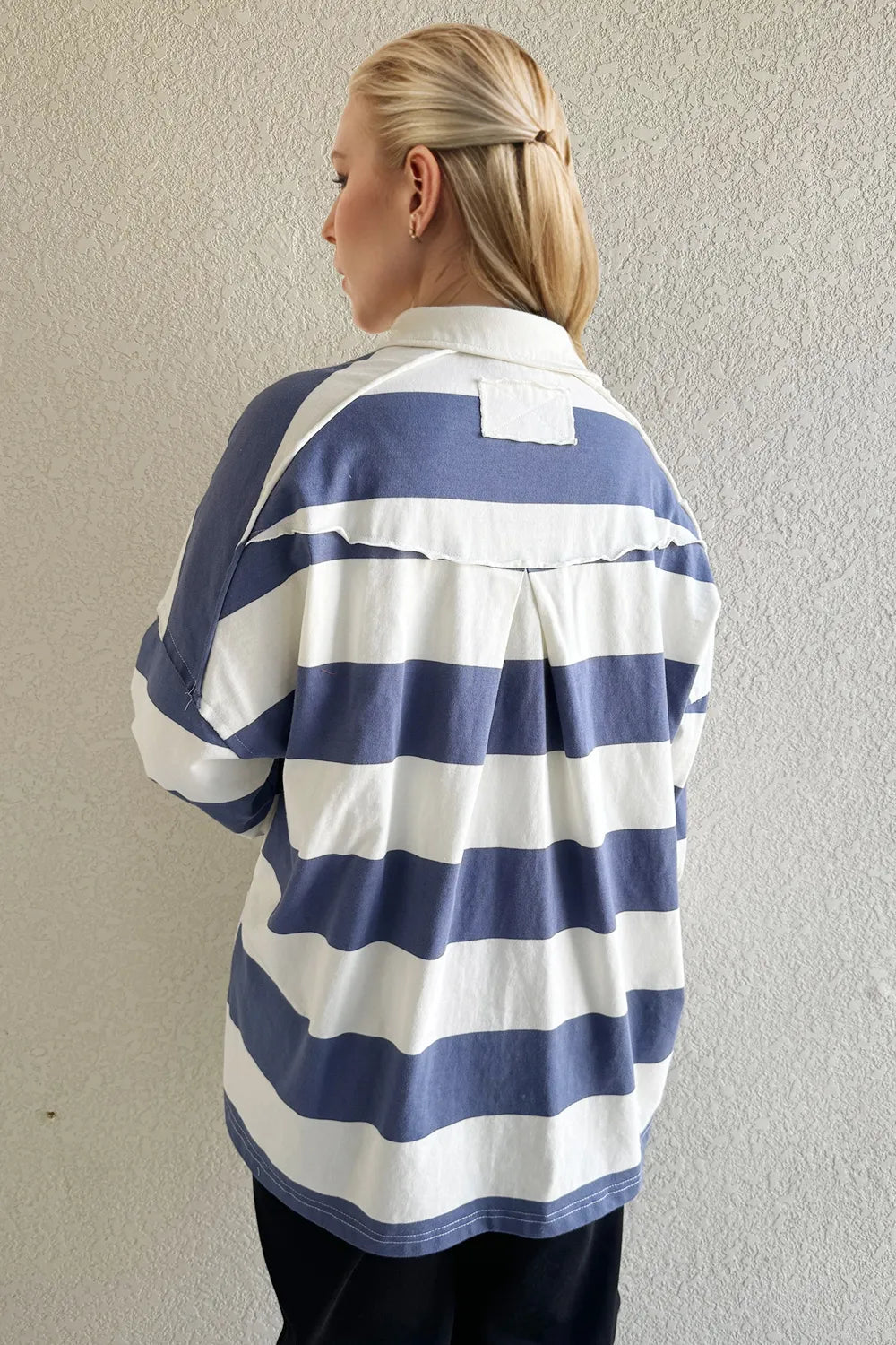Oh Pima Cotton Wash Wide Striped Collared Neck Long Sleeve Top - Velora Luxury Fashion