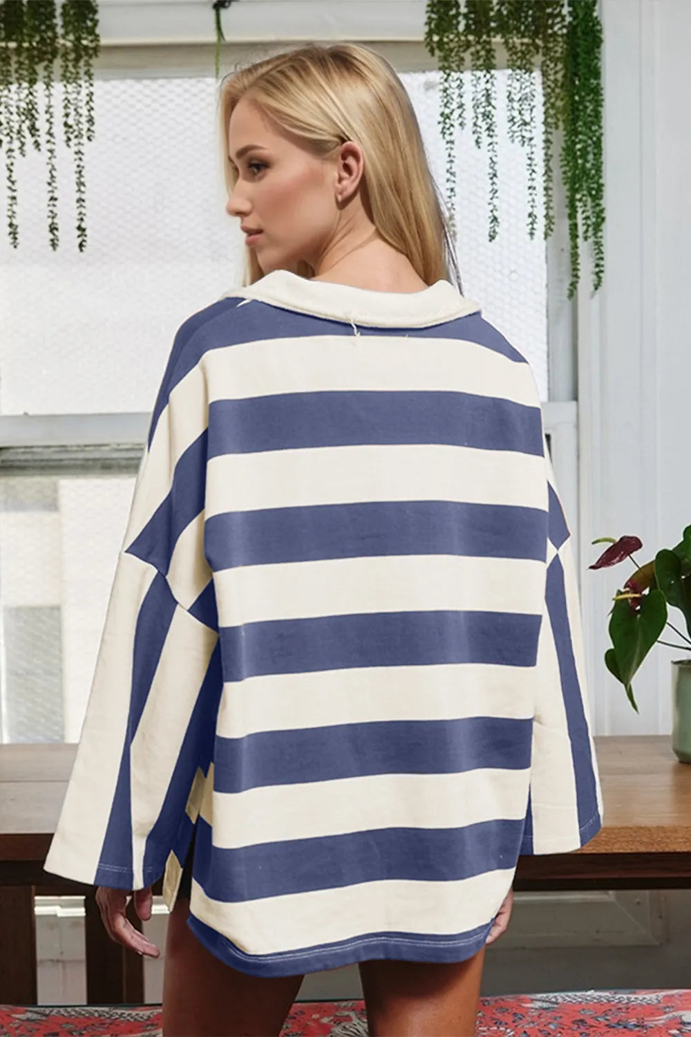 Oh Striped Johnny Collar Long Sleeve T-Shirt - Velora Luxury Fashion