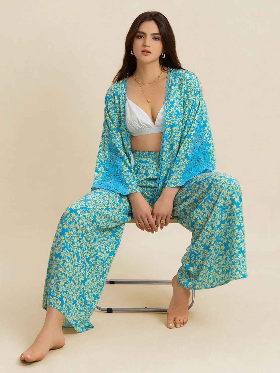 Open Front Printed Top and Pants Set - Velora Luxury Fashion