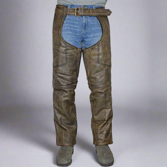 Open Road Men's Distressed Brown 4 Pocket Premium Leather Chaps - Velora Luxury Fashion