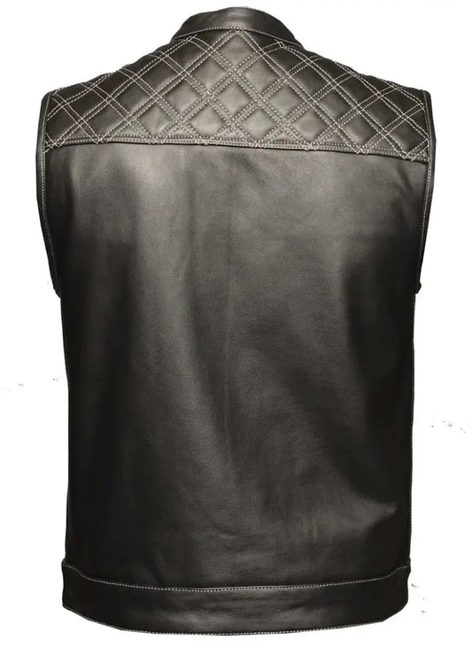Open Road Men's Upside Leather with White Stitched Diamonds Vest - Velora Luxury Fashion