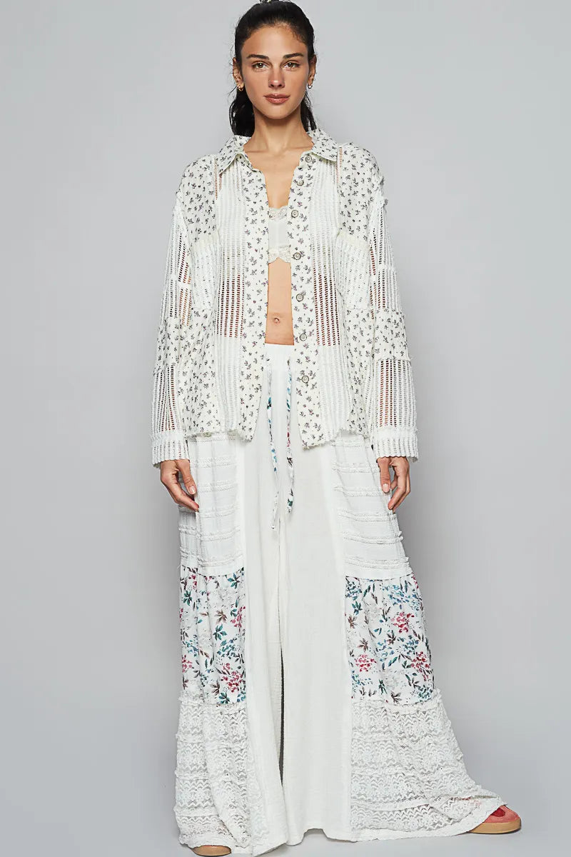 POL Floral Crochet Patchwork Long Sleeve Shirt - Velora Luxury Fashion