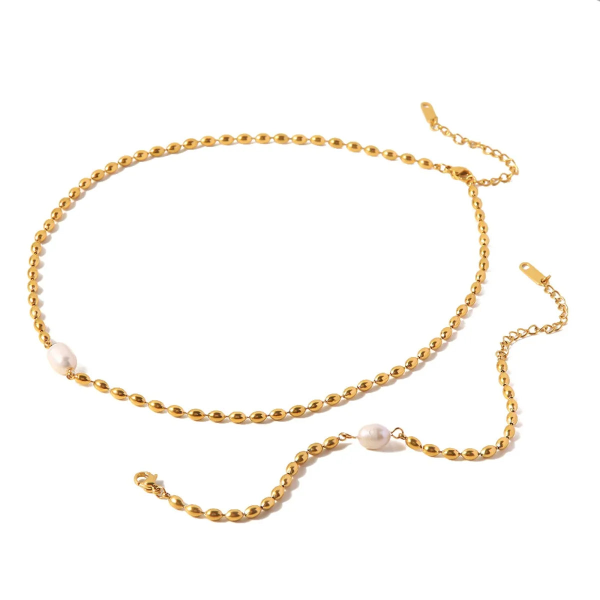Pearl and Gold Chain Jewelry Set with Necklace and Bracelet - Velora Luxury Fashion