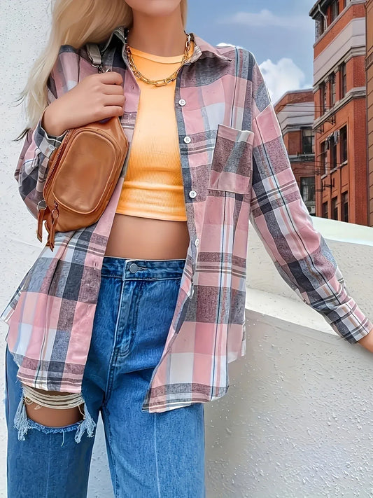 Plaid Button Up Long Sleeve Shirt - Velora Luxury Fashion