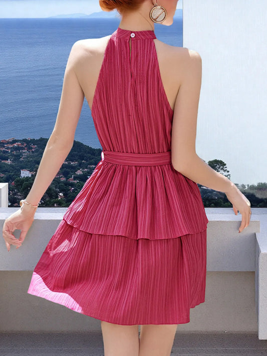 Pleated Halter Neck Layered Mini Dress - Velora Luxury Fashion