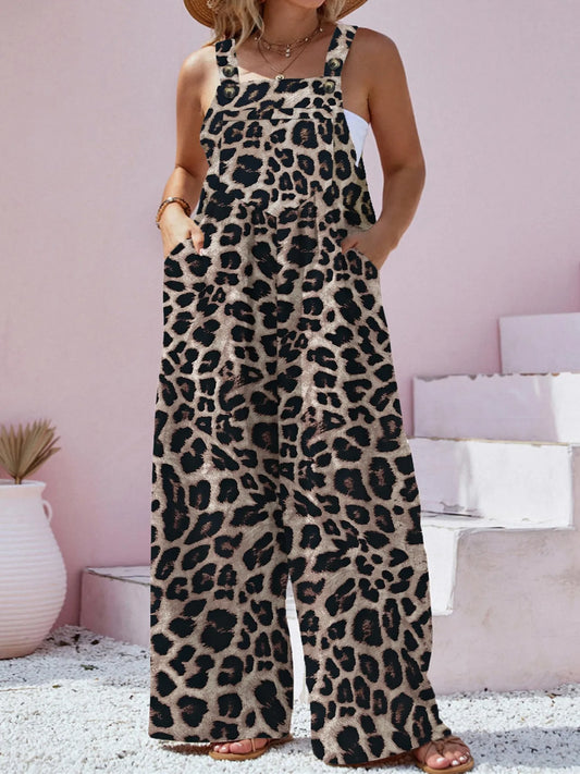 Plus Size Leopard Print Wide Leg Casual Overalls - Velora Luxury Fashion
