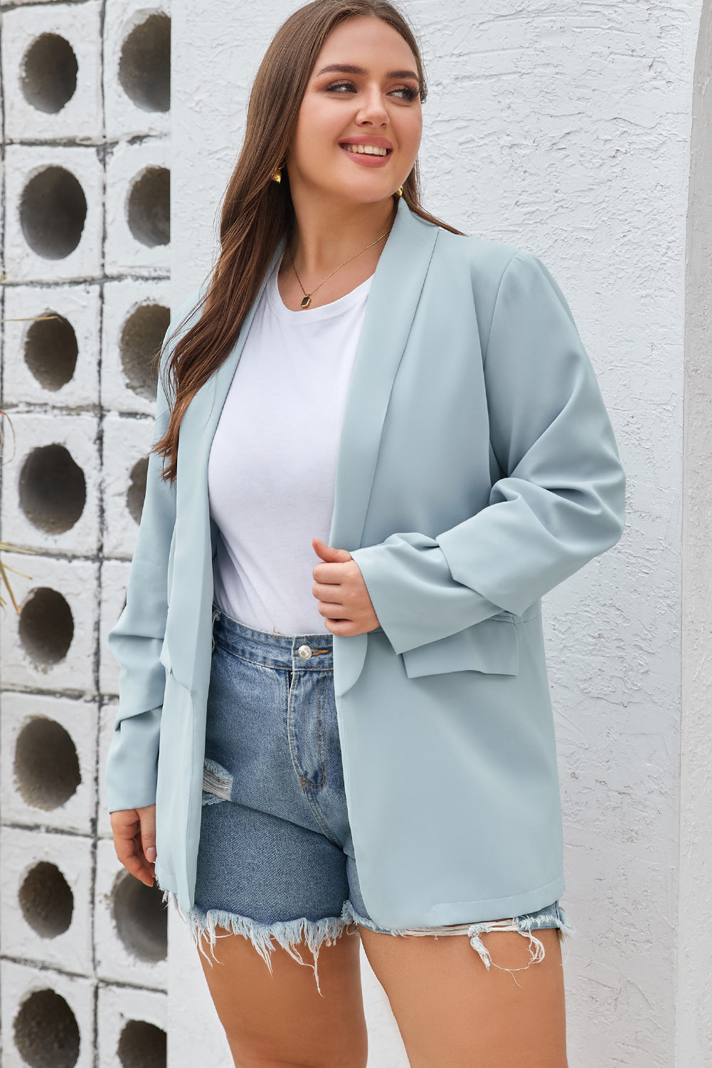 Plus Size Shawl Collar Long Sleeve Blazer - Velora Luxury Fashion