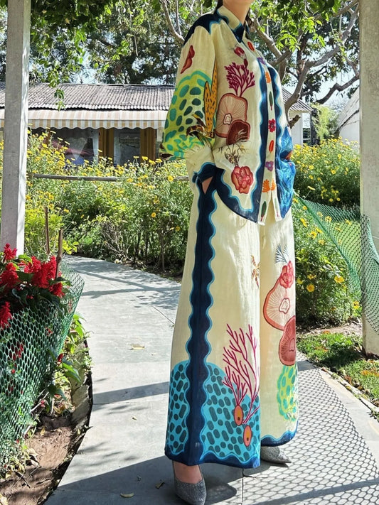 Printed Collared Neck Shirt and Wide Leg Pants Set - Velora Luxury Fashion