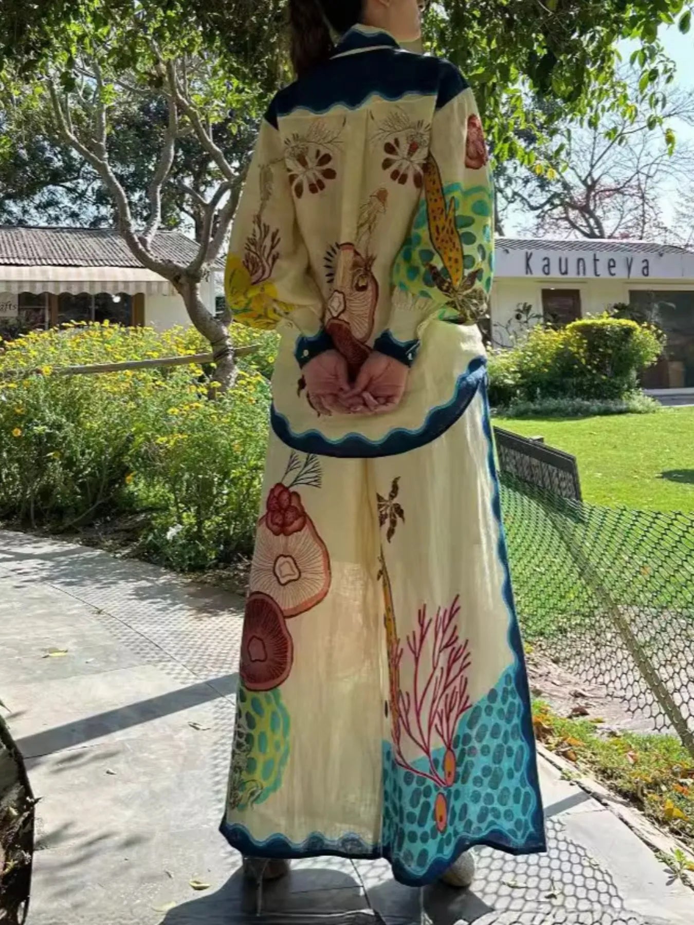 Printed Collared Neck Shirt and Wide Leg Pants Set - Velora Luxury Fashion